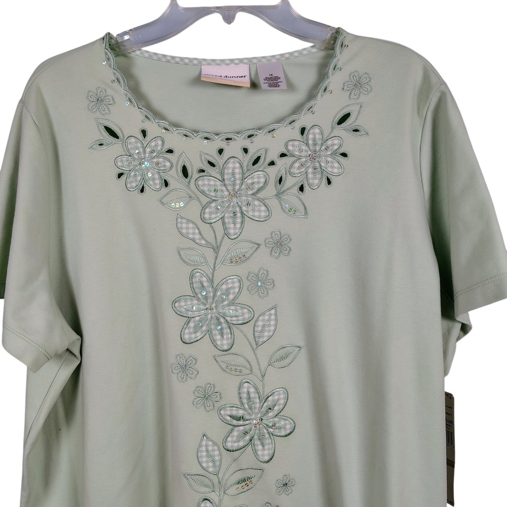 NWT Alfred Dunner Womens 1X Garden District Top Mint Floral Gingham Cottagecore